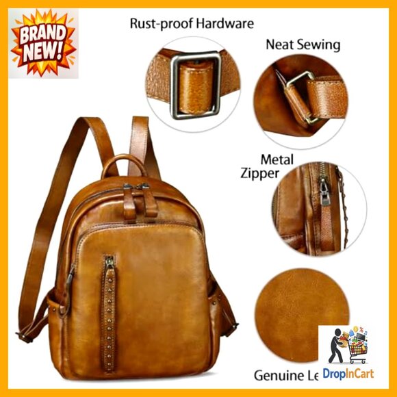 Genuine Leather Backpack Vintage Western Daypack College Bag Rivet Details main image 7